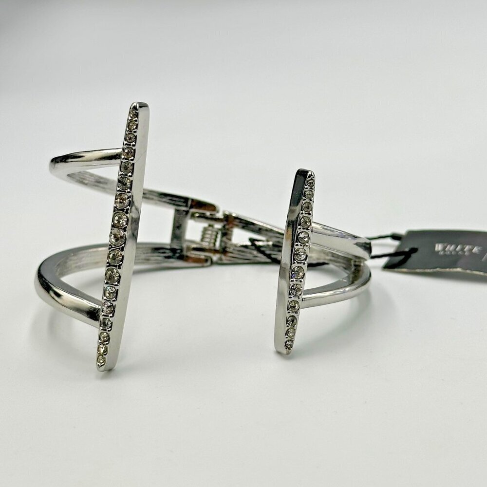 3/$30 WHBM Bracelet Silver Tone Rhinestone Open Cuff Hinged Modern Chic 7.25"
